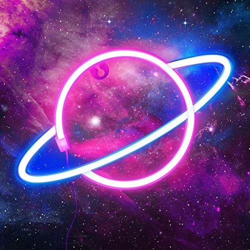 Criacr Planet Neon Light, Blau Pink Planet Neon Sign, LED Nachtlicht Neonschilder, USB/Batteriebetriebene Planet Lampe Neonlicht für Zuhause, Kinderzimmer, Bar, Geburtstagsfeier, Weihnachten von Criacr