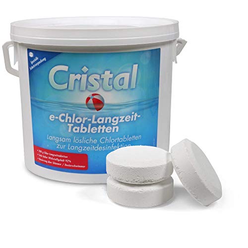 Cristal Chlortabletten 200 g | Langsam lösliche Langzeittabletten für eine effektive Poolpflege für Pools ab 20.000 l | Hoher Aktivchlorgehalt | Einfache Anwendung hocheffizient (5 kg Eimer) von Cristal