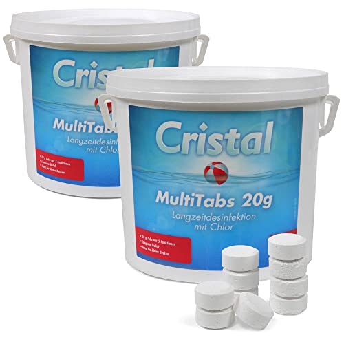 MultiTabs Chlor mit 5 Funktionen | 20 g Multifunktionstablette | Langsam löslich | Langzeitdesinfektion Algenvernichtung Trübungsentfernung Chlorstabilisierung Härtestabilisator | 10 Kg von Cristal
