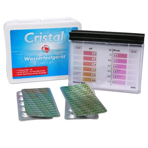 Cristal Wassertestgerät Chlor + pH für die schnelle Wasseranalyse | Chlor DPD 1 | pH-Wert Phenol Red | Pooltester manuell | 6 Skalenwerte | Schnell und unkompliziert inkl. Testtabletten von Cristal
