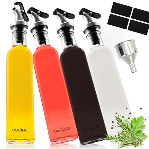 Cucino Essig und Ölflaschen Set mit Trichter und Etiketten im 4er Pack - Ölflaschen zum Befüllen mit Essig und Olivenöl, Ölflasche aus Glas mit Ausgießer | 4x 500ml von Cucino