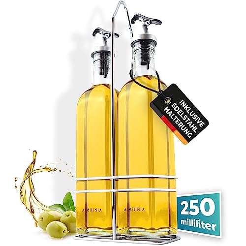 Cucino Essig und Ölflaschen Set mit praktischer Halterung - Ölflaschen zum Befüllen mit Essig und Olivenöl, Ölflasche aus Glas mit tropffreiem Ausgießer | 2x 250ml von Cucino