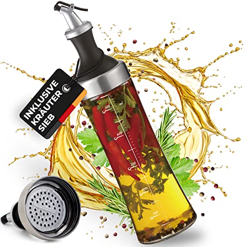 Cucino Ölflasche mit Kräutersieb für selbstgemachte Aroma-Öle - praktische Ölflasche mit Ausgießer für tropffreies dosieren, echte Glasflasche für Öl | 570ml von Cucino