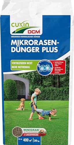 CUXIN DCM Mikrorasen-Dünger Plus - Langzeit Rasendünger - MINIGRAN® TECHNOLOGY - Kein Vertikutieren nötig - organisch-mineralischer NPK-Dünger- 20 KG für 400qm von Cuxin