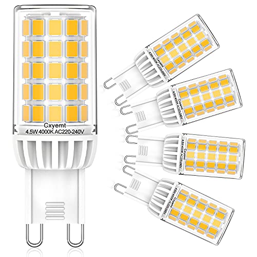 Cxyemt G9 LED Lampen Naturweiß 4000K Leuchtmittel, 4,5W Ersatz Für 40W 50W G9 Halogenlampe, AC 220-240V G9 LED Glühlampe, Kein Flackern, Nicht Dimmbar, 5er Pack von Cxyemt