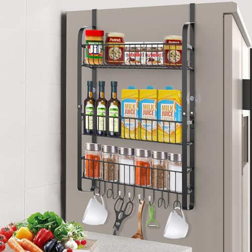 Cyiecweu Kühlschrank Regal aus Kohlenstoffstahl, 3-stufiger Gewürzregal ohne Bohren, Hängeregal mit 8 Haken, Hängendes Küchenregal，Spice Organizer mit Großer Kapazität von Cyiecweu