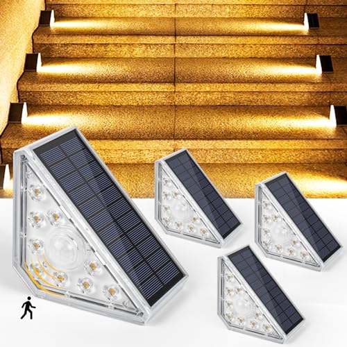 Czemo Solar Treppe Lampe Solarlampen für Außen Treppenbeleuchtung mit Bewegungsmelder 3000K Warmweiß IP67 Wasserdicht LED Stufenleuchte Solar Treppenlicht für Garten Stufen Gehweg Weg Patio,4Pcs von Czemo