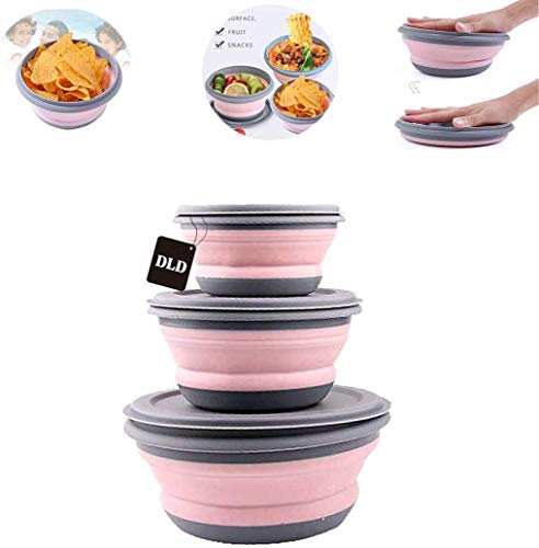 D L D 3PCs Collapsible Bowl Sets Food Storage Outdoor Tableware Silicone Folding Lunch Box Portable Salad Bowl with Lid for Outdoor Camping Hiking, (Pink) von D L D