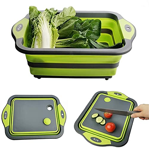 【Upgrade】D L D Collapsible Cutting Board with Colander Containers, Foldable Food Grade Silicone Dish Tub Chopping Board, Washing Basin Draining Basket Strainer for Home Kitchen Camping Picnic BBQ von D L D