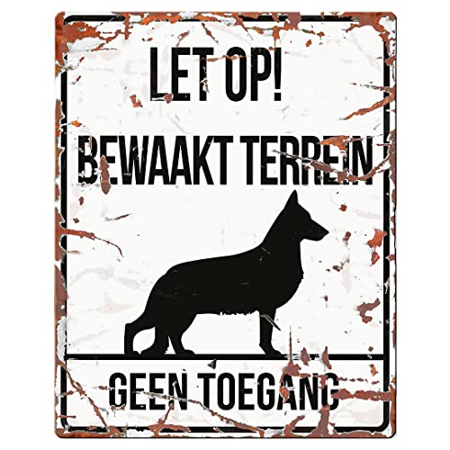 D&D Home, Warnschild Achtung am Hund, 20 x 25 cm, niederländische Version, weißer Hintergrund, Warnschild aus Metall, rostbeständig, mit lustigem Text von D&D Home