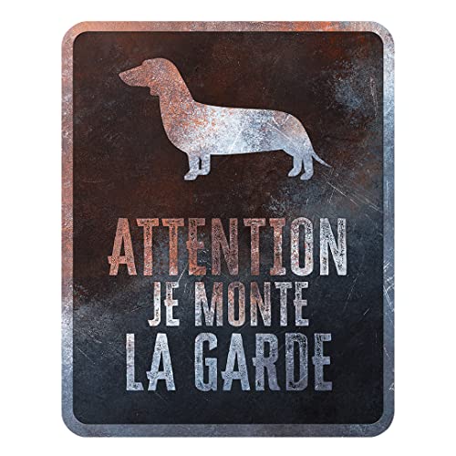 D&D Home, Warnschild "Attention au Hund", 25 x 20 x 0,3 cm, französische Version, schwarzer Hintergrund, Warnschild aus Metall, rostbeständig, mit lustigem Text von D&D Home