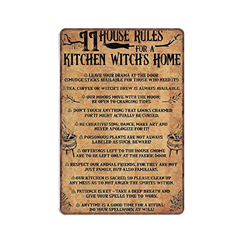 DAIERCY Blechschild, Motiv: 11 House Rules for A Kitchen Witch's Home, Hexe Küchendekoration, lustiges Vintage-Metallschild, Wandkunst, Pub, Bar, Küche, Garten, Badezimmer, Heimdekoration, 140x200 mm von DAIERCY