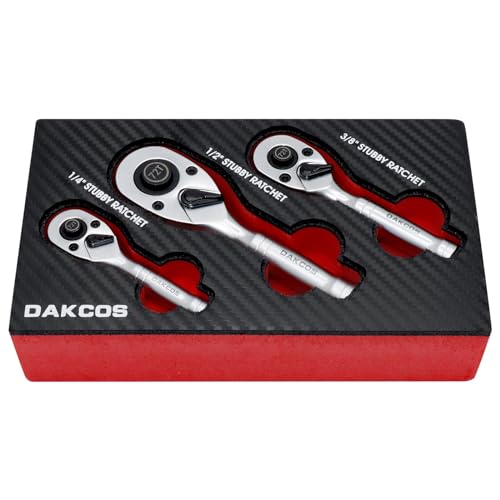 DAKCOS Mini Umschaltknarre 1/4" 3/8" 1/2" 3pc Knarre Rotary Ratsche Antrieb mit 72 Zähnen aus CR-V mit mattierter Chromoberfläche Druckknopfauslösung von DAKCOS