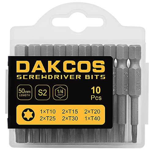 DAKCOS Torx Bit lang Set, T10-T15-T20-T25-T30-T40 Bit-Sortiment aus S2 (Länge: 50 mm, 10 Stück) von DAKCOS