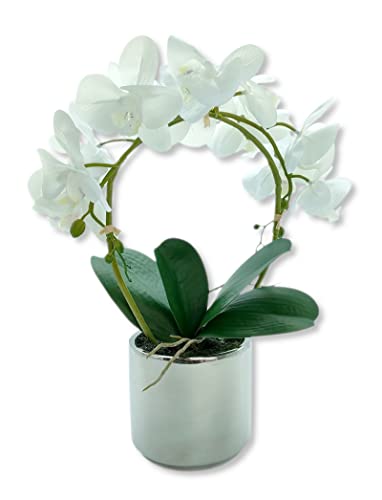 DARO DEKO Kunst-Pflanze Orchidee weiße Blüten 38cm Keramik Topf Silber rund künstliche Phalaenopsis Kunstblume von DARO DEKO