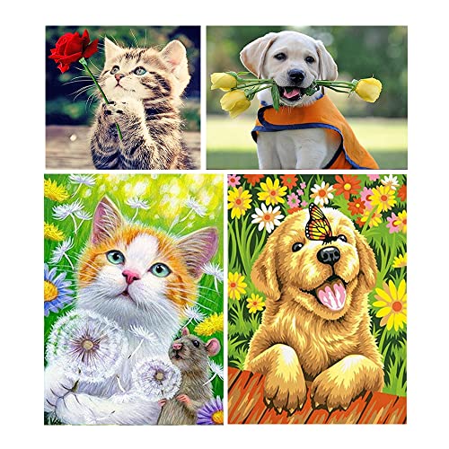 5D Diamanten Gemälde Set 4 Stück DIY Tiere Diamant Malerei Vollbohrer Kit Hund Katze Diamant Painting Bilder Tiere Diamond Painting Hundewelpen Mosaikherstellung für Kinder Erwachsene Home Wand von DCIDBEI