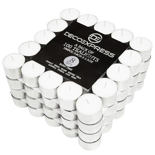 Deco Express Teelichter Multipack 200, 100, 50 oder 24 Stk - 10, 8 oder 4 Std Brenndauer – Bunte & Weiße Teelichter ohne Duft (Weiß, 100/8 Stunden) von DECO EXPRESS