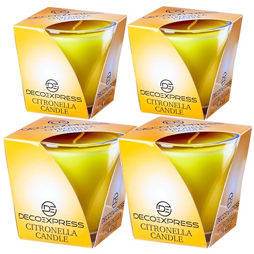 Deco Express Citronella Kerzen Set, Zitronella Kerze im Glas, 2er- oder 4er-Pack, 30 Std Brenndauer - 7.5cm x 7.5cm (Gelb, 4er-Pack) von DECO EXPRESS