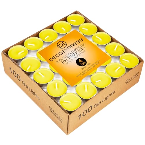 Deco Express Citronella Teelichter, 100er- oder 50er-Pack Duftkerzen Teelichter 4 oder 8 Stunden Brenndauer (Gelb 100/4 Stunden) von DECO EXPRESS