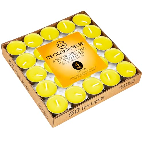 Deco Express Citronella Teelichter, 100er- oder 50er-Pack Duftkerzen Teelichter 4 oder 8 Stunden Brenndauer (Gelb 50/4 Stunden) von DECO EXPRESS