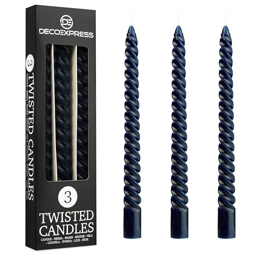 Spiralkerzen Set 3er oder 6er, Gedrehte Stabkerzen Bunte Kerzen 25 cm x 2.2 cm, Brenndauer 6 Stunden - Candles Aesthetic (Blau, 3er-Pack) von DECO EXPRESS