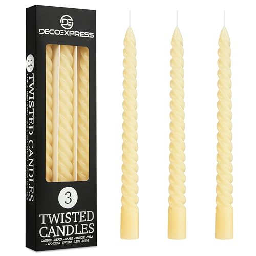 Spiralkerzen Set 3er oder 6er, Gedrehte Stabkerzen Bunte Kerzen 25 cm x 2.2 cm, Brenndauer 6 Stunden - Candles Aesthetic (Elfenbein, 3er-Pack) von DECO EXPRESS