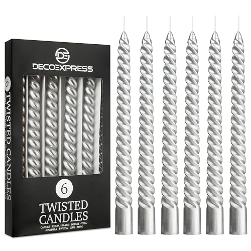 Spiralkerzen Set 3er oder 6er, Gedrehte Stabkerzen Bunte Kerzen 25 cm x 2.2 cm, Brenndauer 6 Stunden - Candles Aesthetic (Silber, 6er-Pack) von DECO EXPRESS
