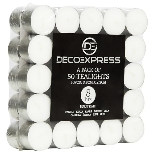 Deco Express Teelichter Multipack 200, 100, 50 oder 24 Stk - 10, 8 oder 4 Std Brenndauer – Bunte & Weiße Teelichter ohne Duft (Weiß, 50/8 Stunden) von DECO EXPRESS
