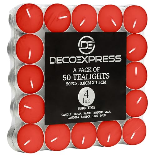 Deco Express Teelichter Multipack 200, 100, 50 oder 24 Stk - 10, 8 oder 4 Std Brenndauer – Bunte & Weiße Teelichter ohne Duft (Rot, 50/4 Stunden) von DECO EXPRESS