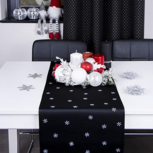 DECOOR Tischläufer für Weihnachten - schmutzabweisendes Tischband, 40 x 140 cm, Schwarz, Weinachtstischläufer aus 200 g/m² Stoff, Kristallen in Form von Schneeflocken, hergestellt in der EU von DECOOR