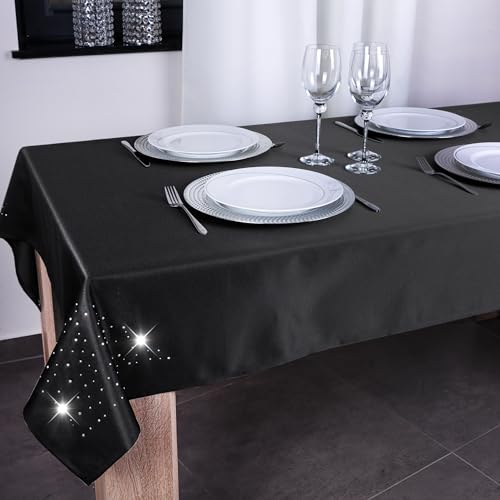 DECOOR - schmutzabweisendes Tischdecken, 220 x 140 cm, Grafit, veredelt mit einem ästhetischen Rückseite auf 1 cm, verziert mit Kristallen, Gewebe 200 g/m², 100% Polyester, hergestellt in der EU von DECOOR