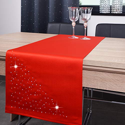 DECOOR - schmutzabweisendes Tischläufern, 80 x 80 cm, Rot, veredelt mit einem ästhetischen Rückseite auf 1 cm, verziert mit Kristallen, Gewebe 200 g/m², 100% Polyester, hergestellt in der EU von DECOOR