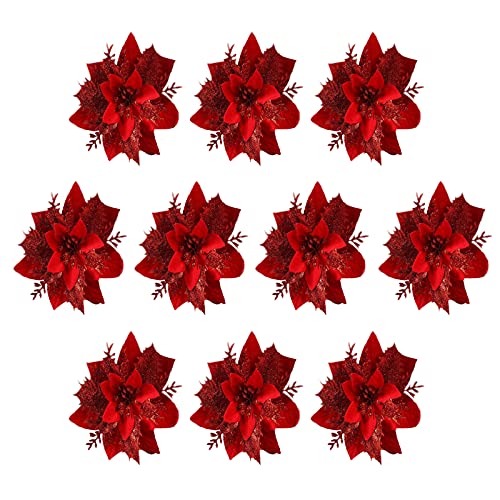 DEDEMCO 10 x rote Weihnachtssterne mit Glitzer, 14 cm, künstliche Weihnachtssterne für Hochzeit, Weihnachtsbaum, Kränze, Girlande, Weihnachtsdekoration, rot von DEDEMCO