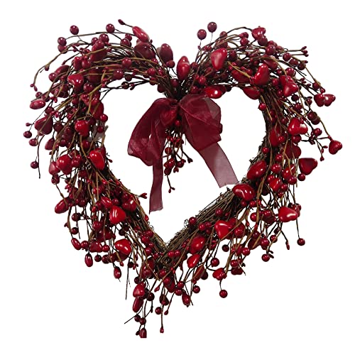 DEDEMCO 40 cm herzförmiger roter Beerenkranz für Valentinstag, rustikale Zweige, rote Beeren, Herzkranz, Weinrebe, Herz, Kranz für Haustür und Partys von DEDEMCO