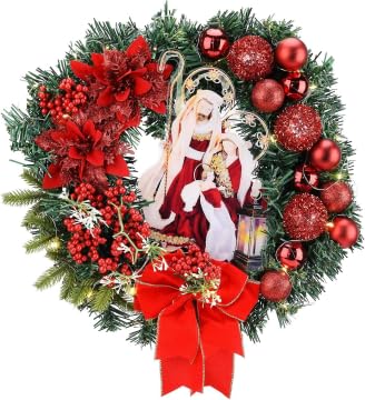 DEDEMCO Beleuchteter Heiliger Weihnachtskranz für die Haustür, 40 cm, Willkommensschild mit hellem Retro, roter Weihnachtskranz mit Beeren und Schleife für Hausdekoration von DEDEMCO