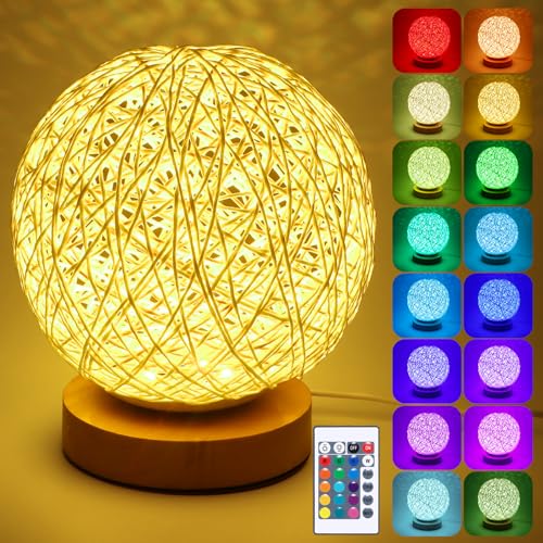 DEECOZY RGB LED Nachttischlampe, Tischlampe Aus Holz Mit Handgewebtem Lampenschirm Nachttischlampe Mit USB-Ladegerät Für Schlafzimmer LED Nachtlicht für Schlafzimmer Tischlampe Nachtlampe von DEECOZY