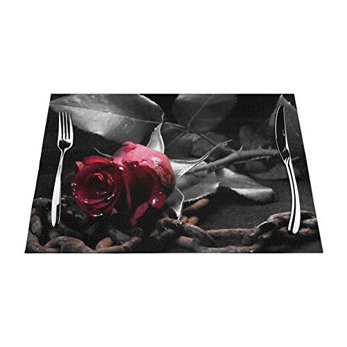 Tischsets im Gothic-Stil, schwarze Rosen, hitzebeständig, rutschfest, für Esstisch, waschbar, langlebig, PVC-Vinyl, gewebt, 4 Stück von DEHIWI