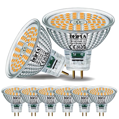 DEIFUA GU5.3 LED Lampe Warmweiß 615 Lumen 6,5W Ersetzt 50W MR16 Halogen Glühbirne, 6er-Pack, AC/DC 12V Flimmerfrei Leuchtmittel, 2700K Strahler, 120°-Abstrahlwinkel Spot, Nicht Dimmbar Reflektorlampe von DEIFUA