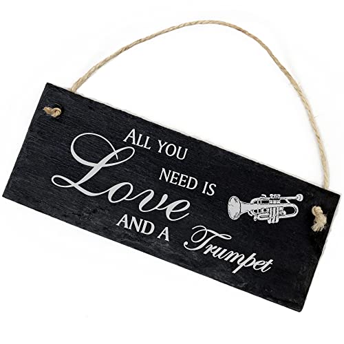 Schiefertafel Deko Trompete Schild 22 x 8 cm - All you need is Love and a Trumpet - Wanddeko Dekoration Türschild von DEKO-LANDO