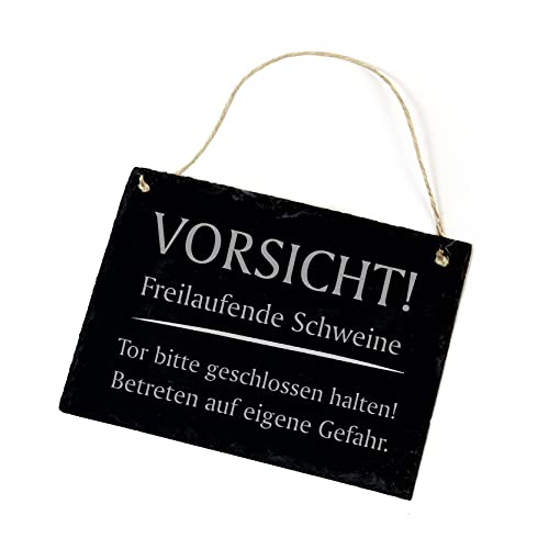 Schiefertafel Schild - Vorsicht! Freilaufende Schweine - Schiefer Schwein Schweinestall Warnschild Zaunschild 22x16cm von DEKO-LANDO