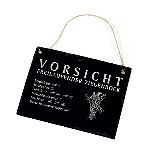 Ziege Schild Spruch - Vorsicht Freilaufender Ziegenbock - Warnschild Schiefer Türschild 22 x 16 cm von DEKO-LANDO