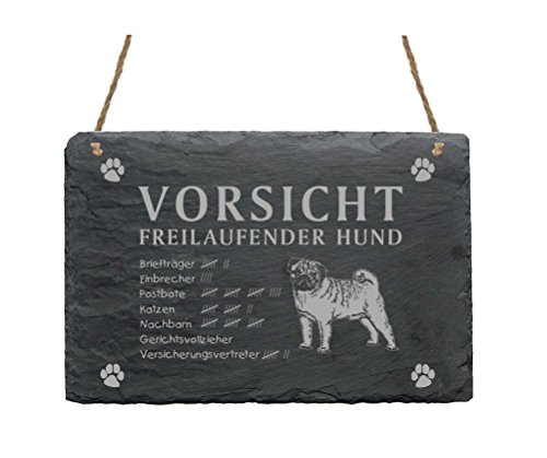 Mops - Schild aus Schiefer - Vorsicht freilaufender Hund Türschild 22 x 16 cm von DEKOLANDO