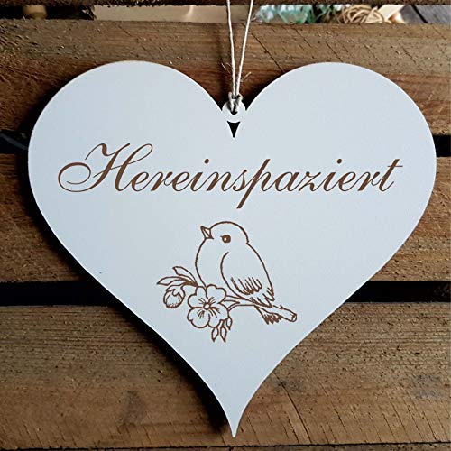 Schild Herz « HEREINSPAZIERT » ca. 13 x 12 cm - mit Motiv SPATZ - Türschild Dekoschild Geschenk - Vogel Vögel Frühling von DEKOLANDO
