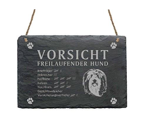 Schild Schiefer Spruch Bearded Collie Vorsicht Freilaufender Hund 22 x 16 cm von DEKOLANDO