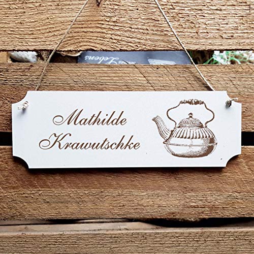 Schild « Teekanne » Türschild mit persönlicher Wunschgravur und Motiv - Größe ca. 20 x 6,7 x 0,5 cm - Shabby Dekoration Namensschild Name - Tee Kanne Teetrinker Teatime von DEKOLANDO