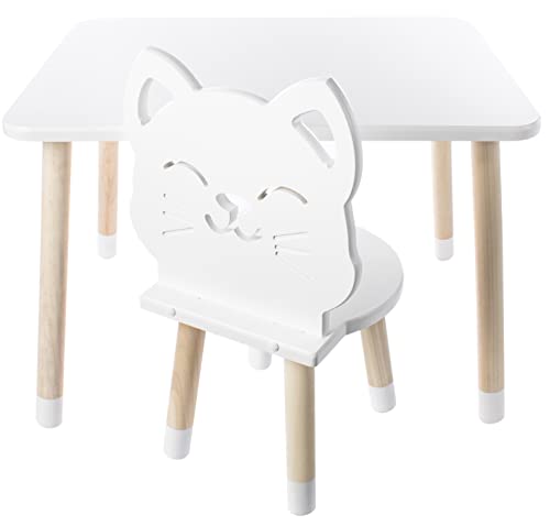 DEKORMANDA - Kindertisch mit Stühle - Kinderzimmer Möbel - EIN Stuhl in Katzenform für Kleine Tierfreunde - Weißer Tisch Kinder mit 1 Lehrstuhl - Kindertisch und Stuhlset von DEKORMANDA