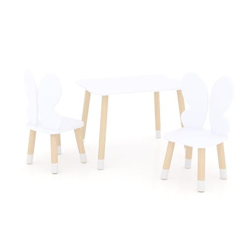 DEKORMANDA – Kindertisch mit Stühlen – Schmetterlingsstühle für Kleintierliebhaber – Weißer Kindertisch 65 x 50 cm mit 2 Stühlen – Tisch und Zwei Kinderstühle von DEKORMANDA