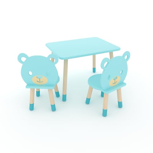 DEKORMANDA – Kindertisch mit Stühlen – Kinderstühle in Teddybärform – Kindertisch 65 x 50 cm mit 2 Stühlen – Tisch und Stuhl für Kinder von 1-6 Jahren (Blau) von DEKORMANDA