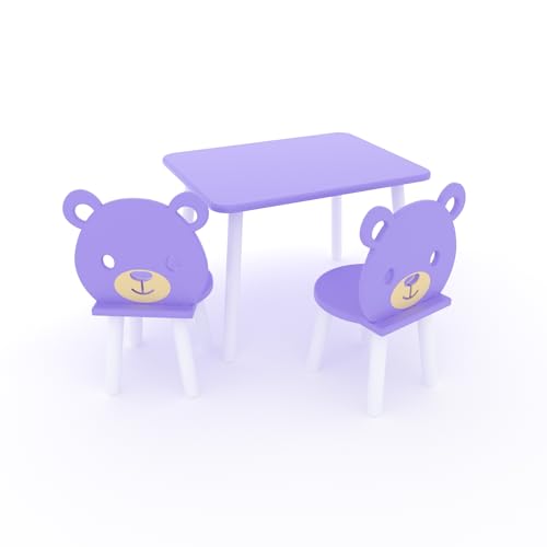 DEKORMANDA – Kindertisch mit Stühlen – Kinderstühle in Teddybärform – Kindertisch 65 x 50 cm mit 2 Stühlen – Tisch und Stuhl für Kinder von 1-6 Jahren (Violett & Weiß) von DEKORMANDA