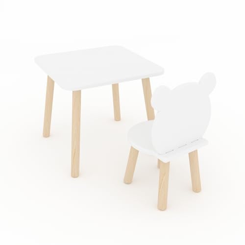 DEKORMANDA – Kindertisch mit Stuhl – Teddybärstuhl für kleine Tierfreunde – Weißer Kindertisch 50 x 50 cm mit 1 Stuhl – Tisch und einem Kinderstuhl von DEKORMANDA